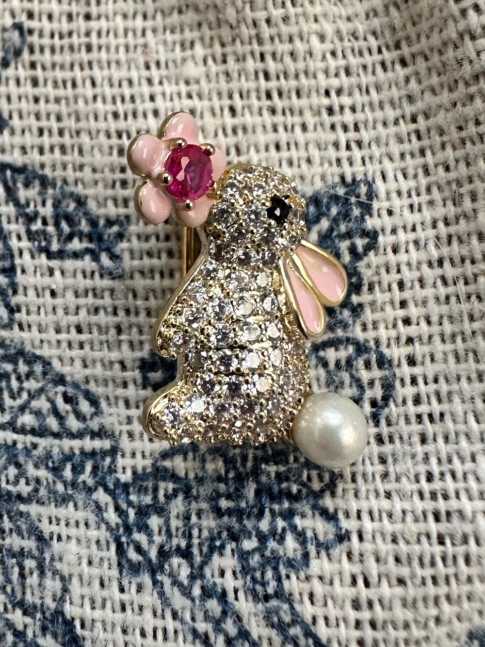 Gold Rhinestone Bunny Brooch with Pink Enamel and Pearl Accent
